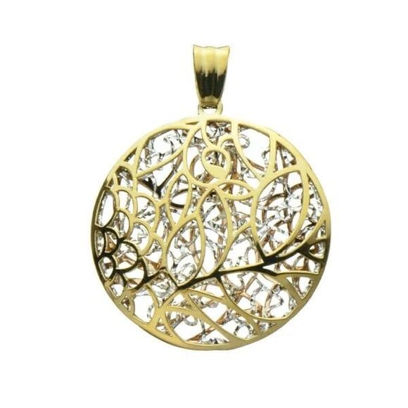 Floral Cage Mixed Metal Statement Pendant 18K Solid Gold Yellow White Rose